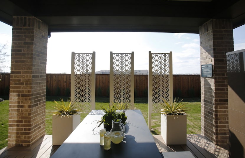 Outdoor eating area in the MainVue Homes Carmel Q1 model home at Phillips Creek Ranch in...