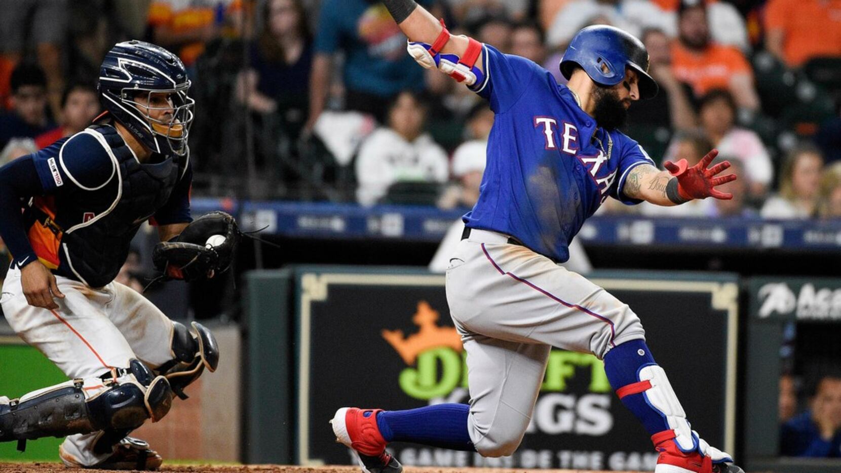 Texas Rangers' Rougned Odor strikes out to end the top of the eighth inning of the team's...