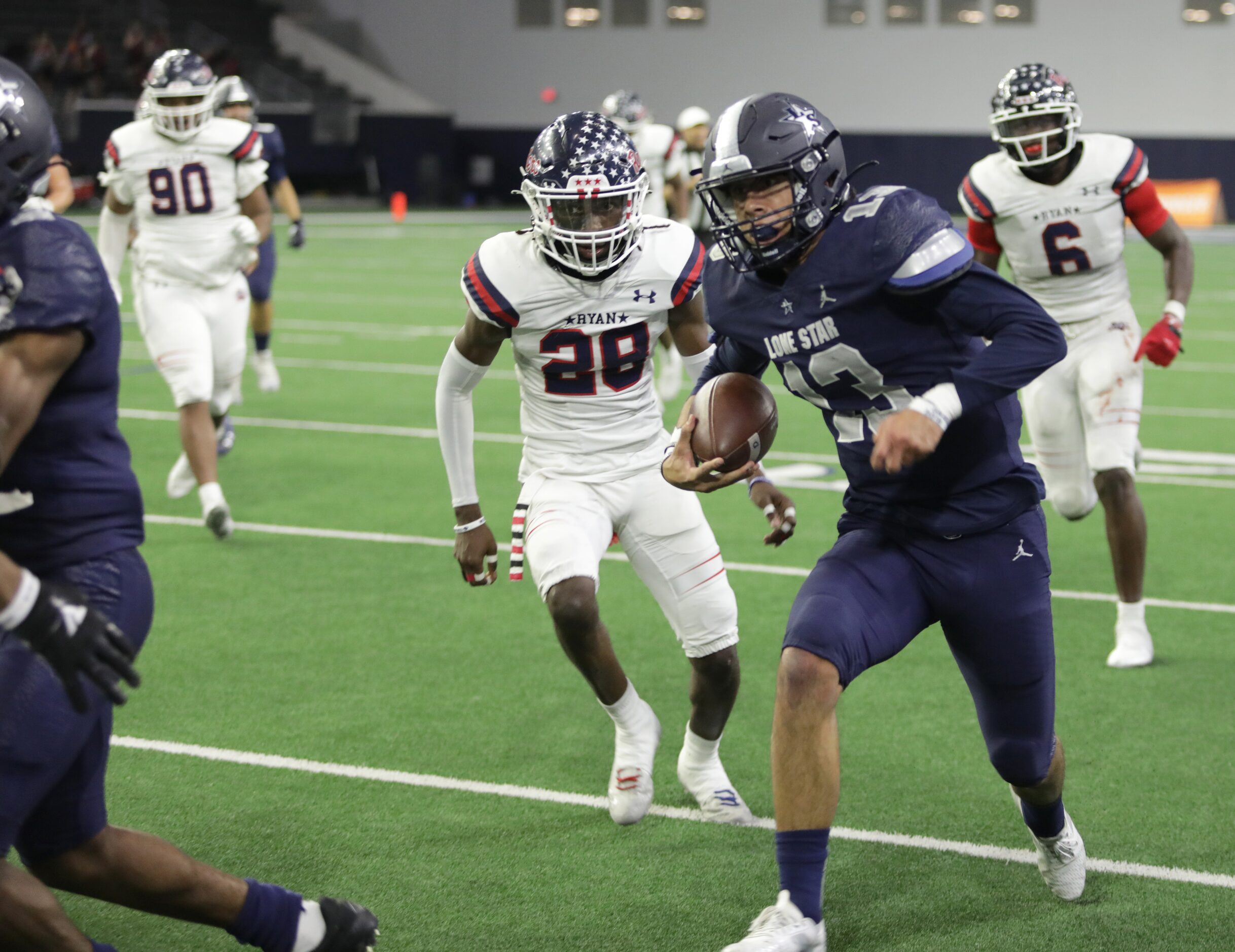 Lone Star player #13, Garret Rangel, runs the ball during the Denton Ryan vs. Frisco Lone...