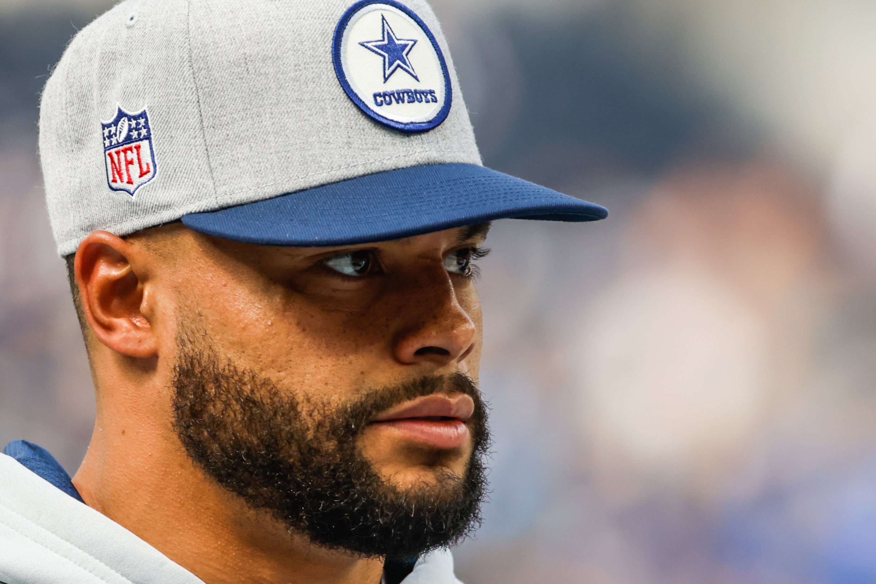 Dallas Cowboys quarterback Dak Prescott (4) during warmup at the SoFi Stadium in Los...