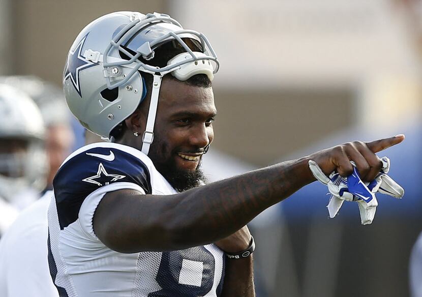 Dallas Cowboys wide receiver Dez Bryant (88) points to the sideline during afternoon...