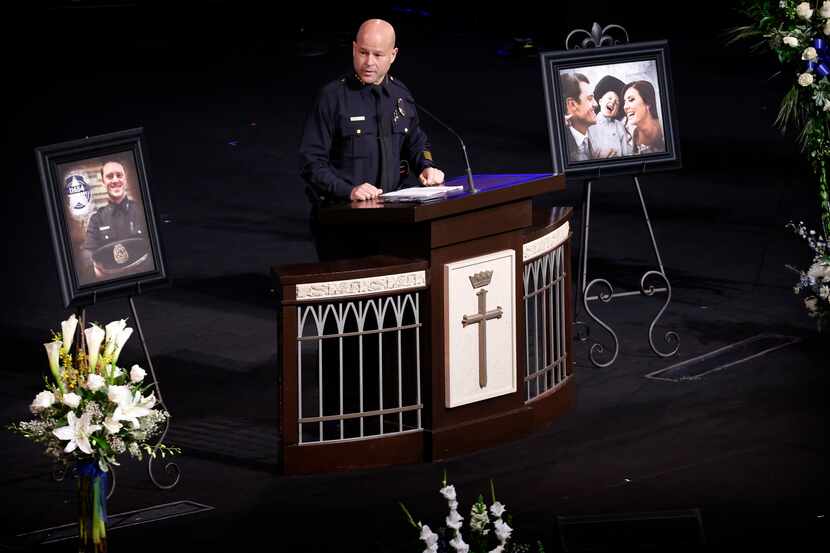 Dallas Police Chief Eddie Garcia addresses the congregation during the funeral service for...