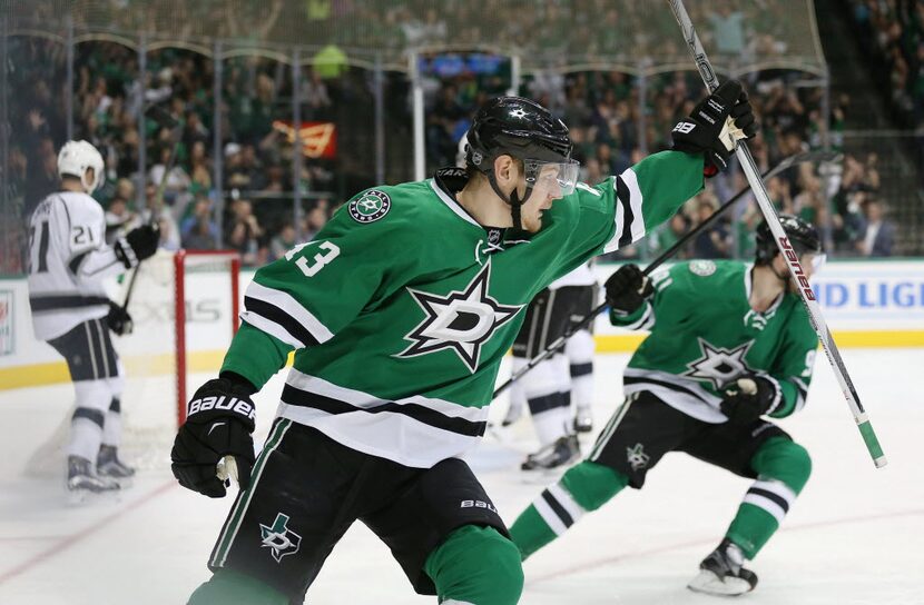 Dallas Stars right wing Valeri Nichushkin (43) celebrates a goal by defenseman Alex...