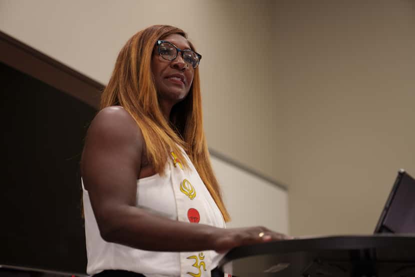 Rev. Erika Ferguson speaks during a press conference with The Texas Tubman Travel...