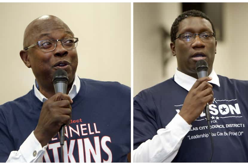 Dallas City Council member Tennell Atkins (left) and former council member Erik Wilson took...
