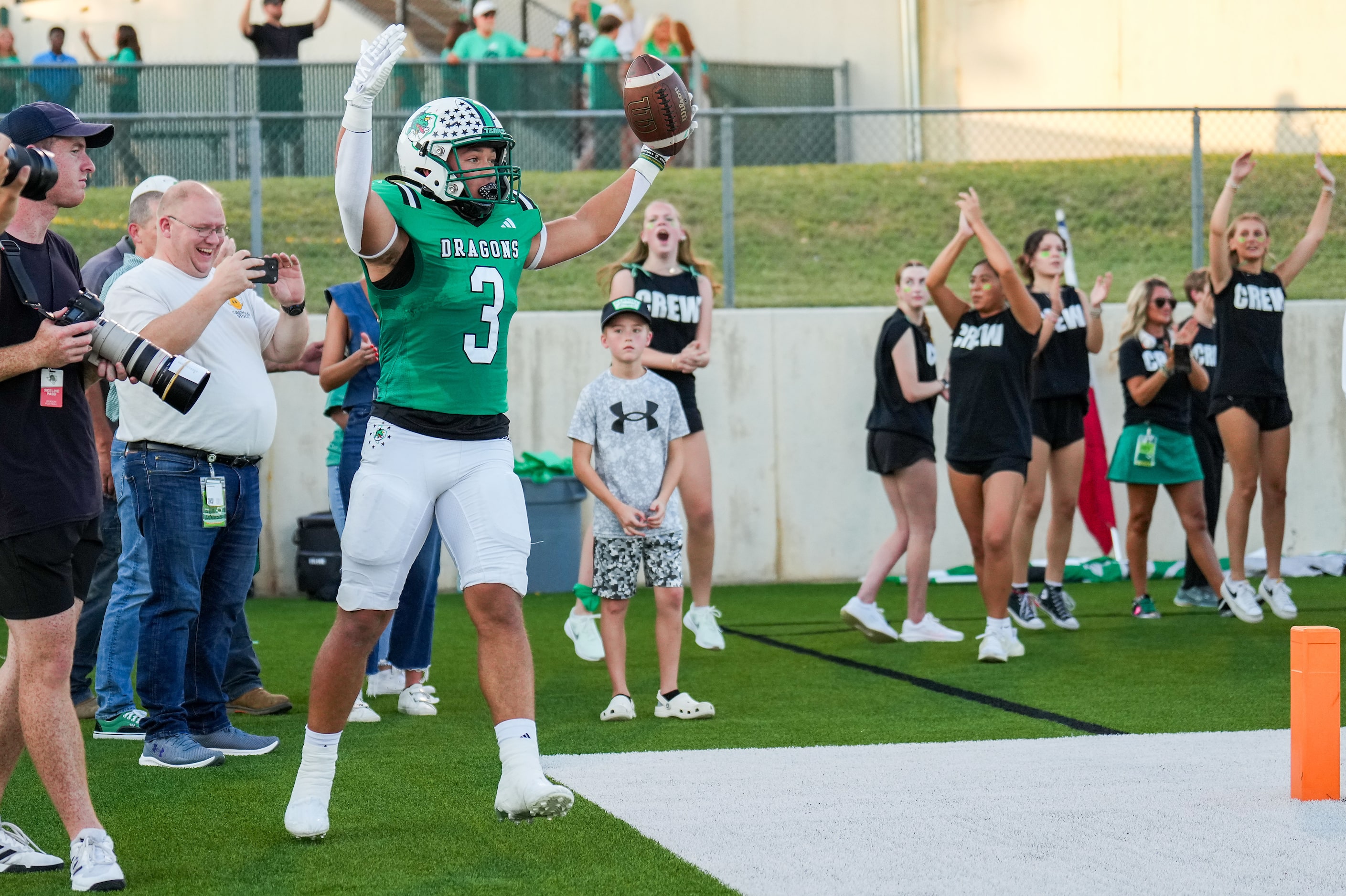 Southlake Carroll running back Davis Penn (3) celebrates after scoring a touchdown during...