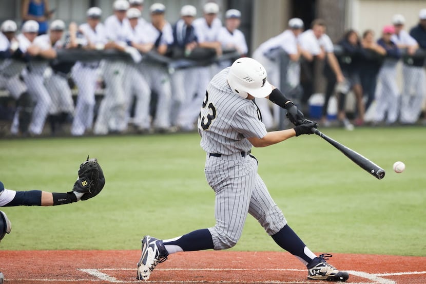 Keller's Shea Langeliers connects to drive in a run during the third inning of a Class 6A,...
