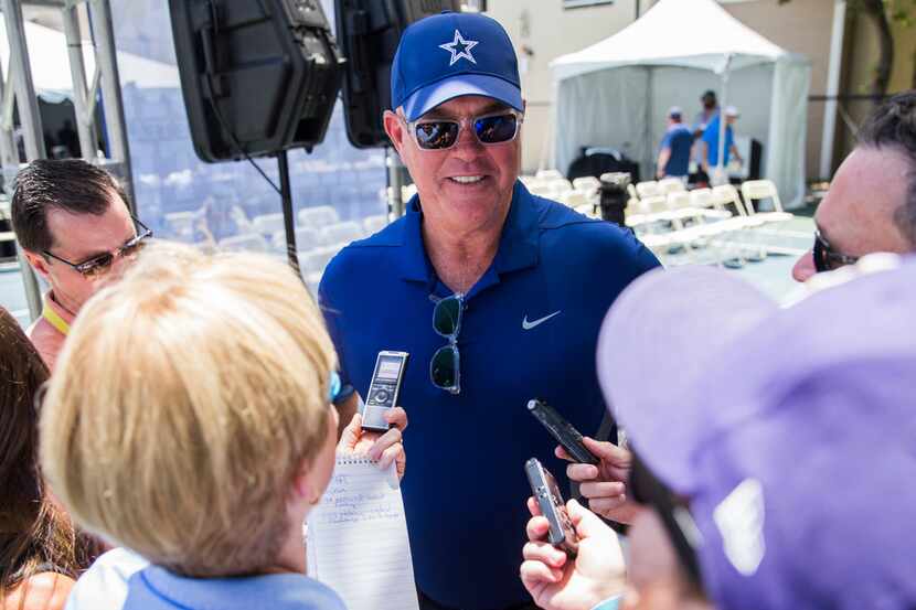 Dallas Cowboys Executive Vice President and CEO Stephen Jones speaks to reporters after an...
