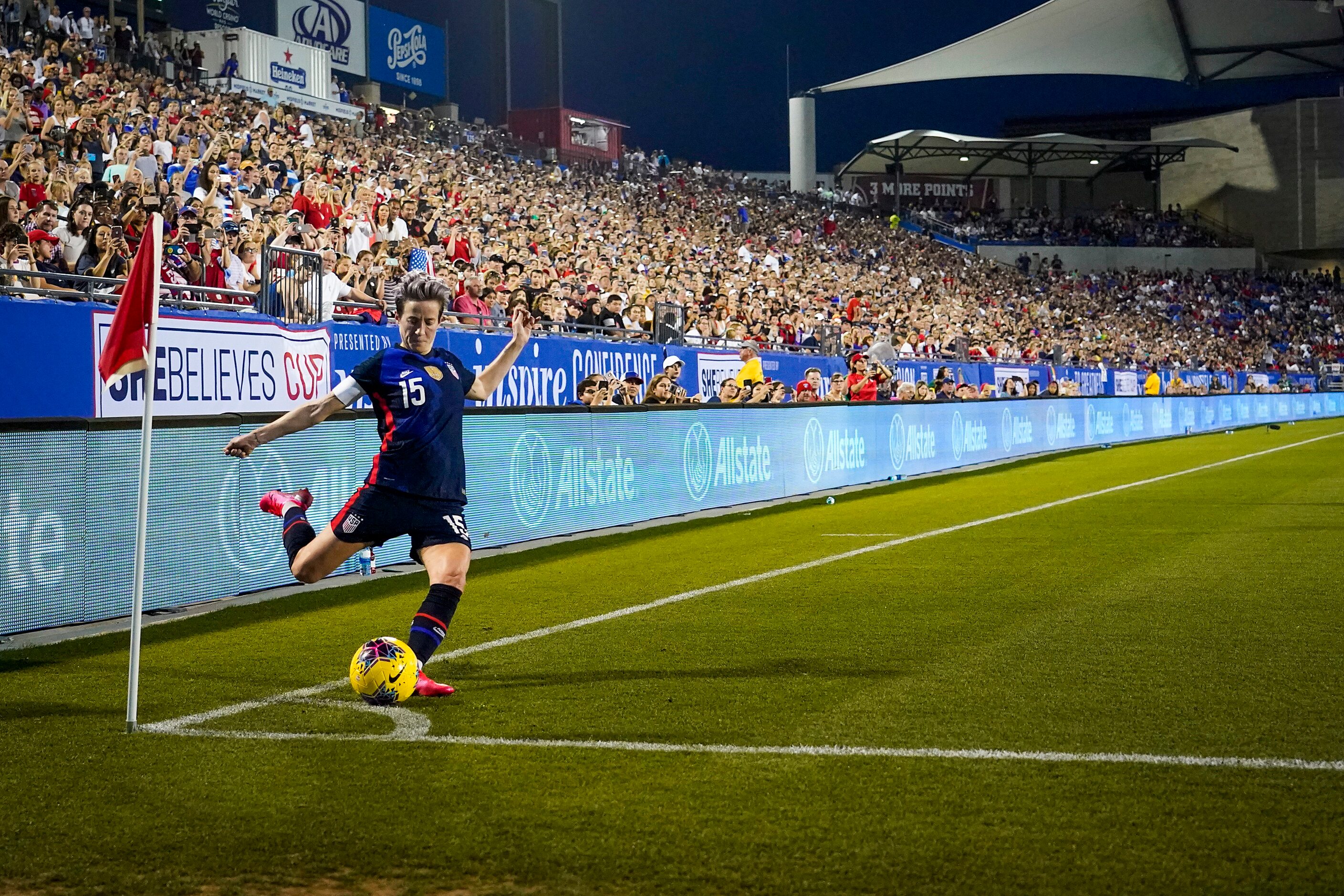 USA forward Megan Rapinoe takes a corner kick during the first half of a SheBelieves Cup...