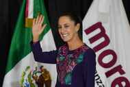 Ruling party presidential candidate Claudia Sheinbaum greets supporters after the National...