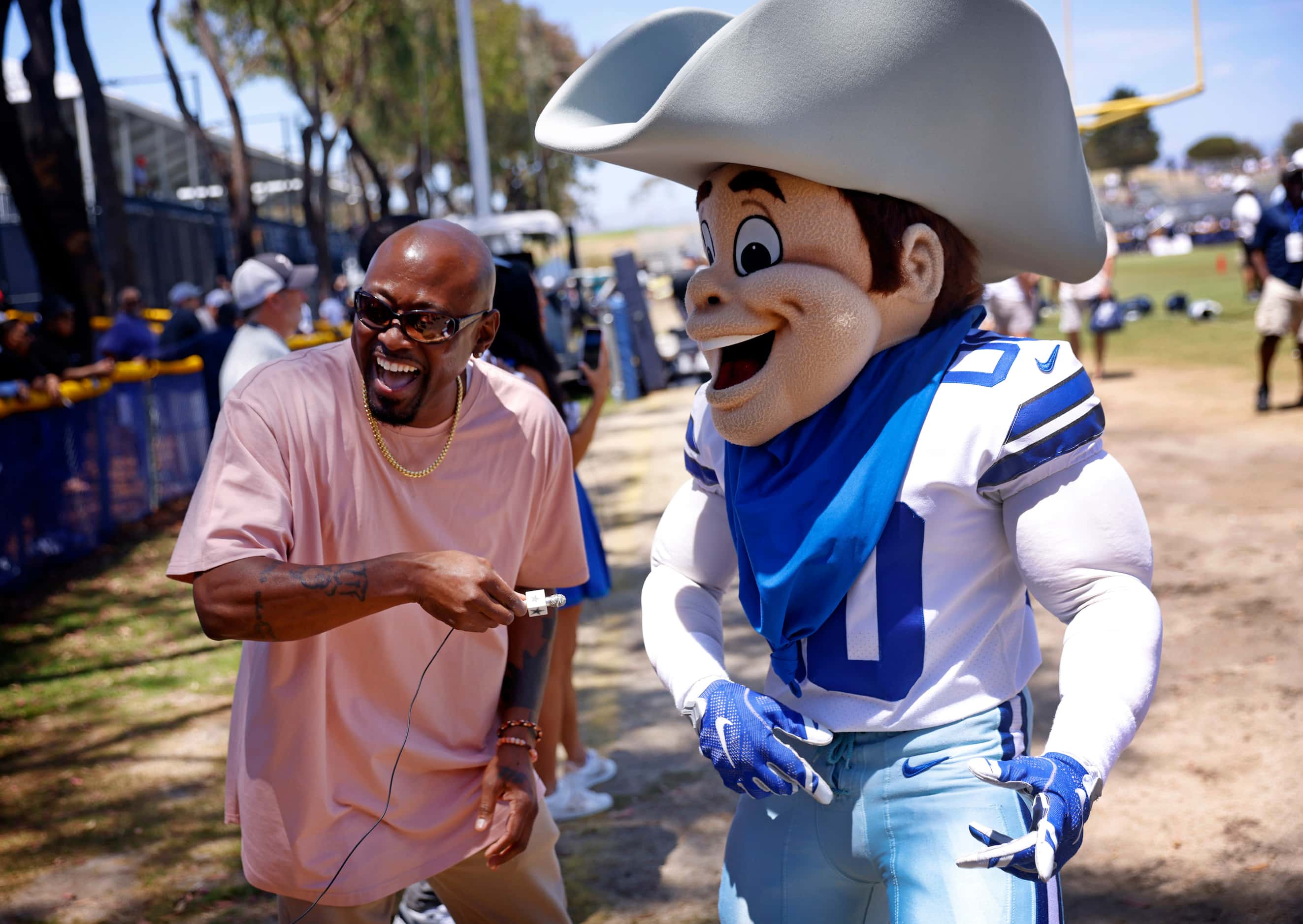During a social media recording, Dallas Cowboys mascot Rowdy shoes his hips when asked by...