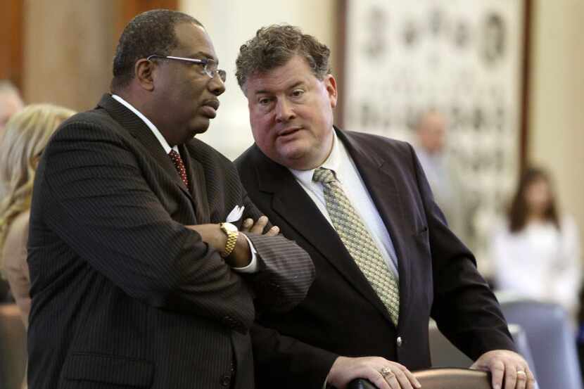 Sen. Tommy Williams, the chamber’s chief budget writer (right), and Sen. Royce West chatted...