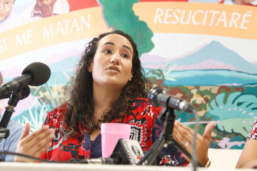 Pediatrician Lisa Ayoub-Rodriguez speaks Tuesday, July 2, 2019, at a shelter in El Paso,...