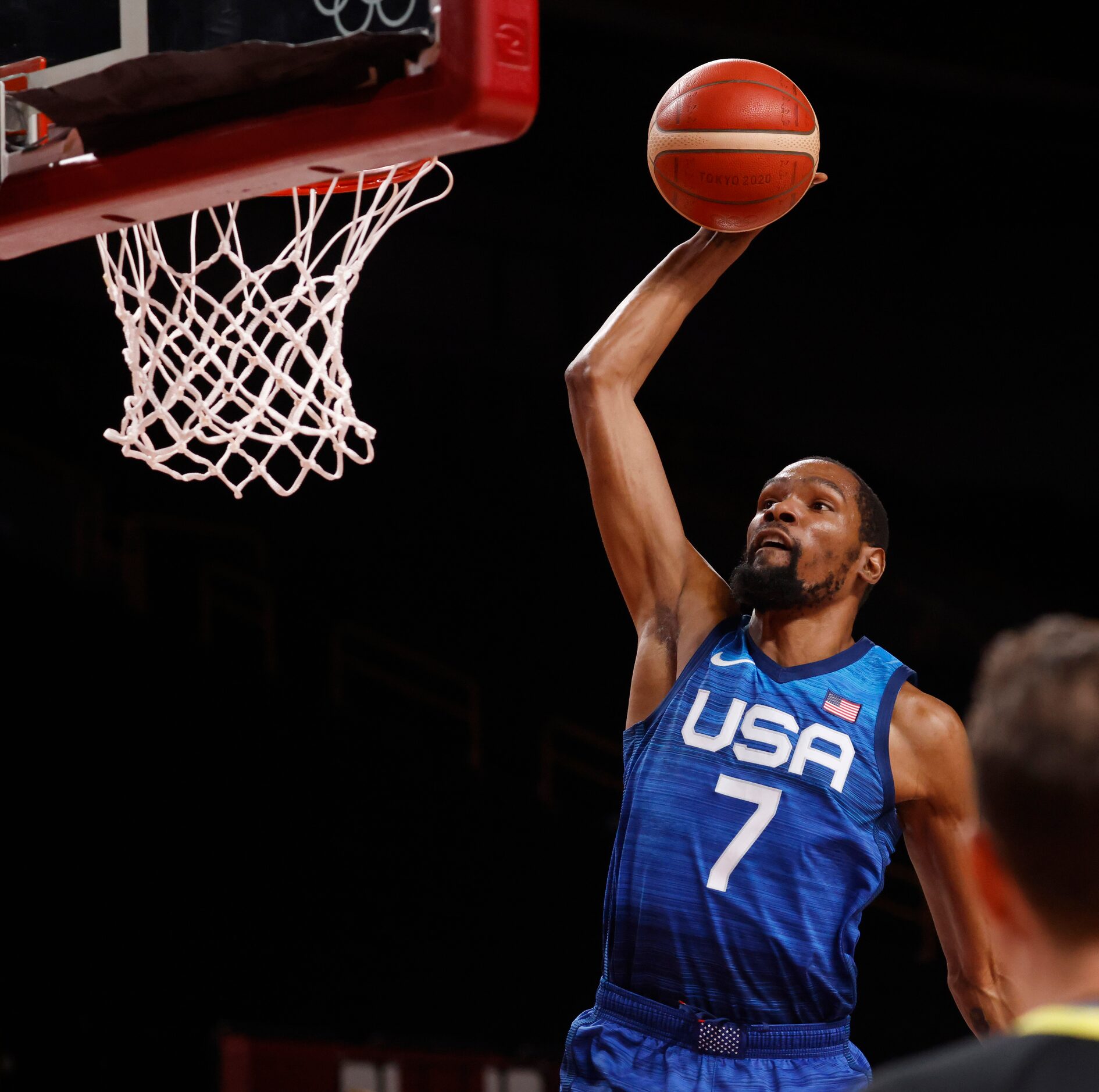 USA’s Kevin Durant (7) dunks in a game against Spain during the first half of a quarterfinal...