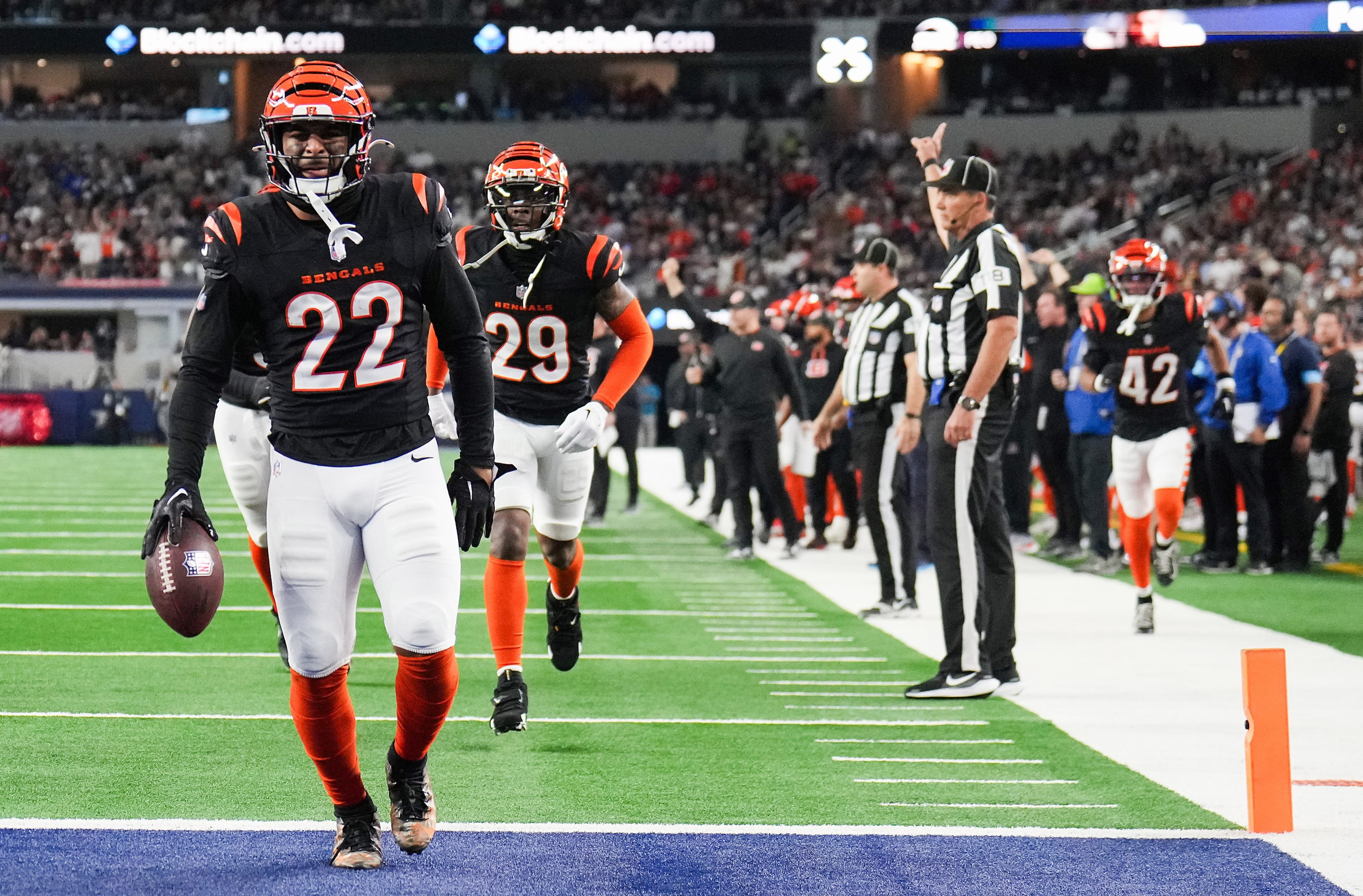 Cincinnati Bengals safety Geno Stone (22) celebrates after intercepting a pass during the...