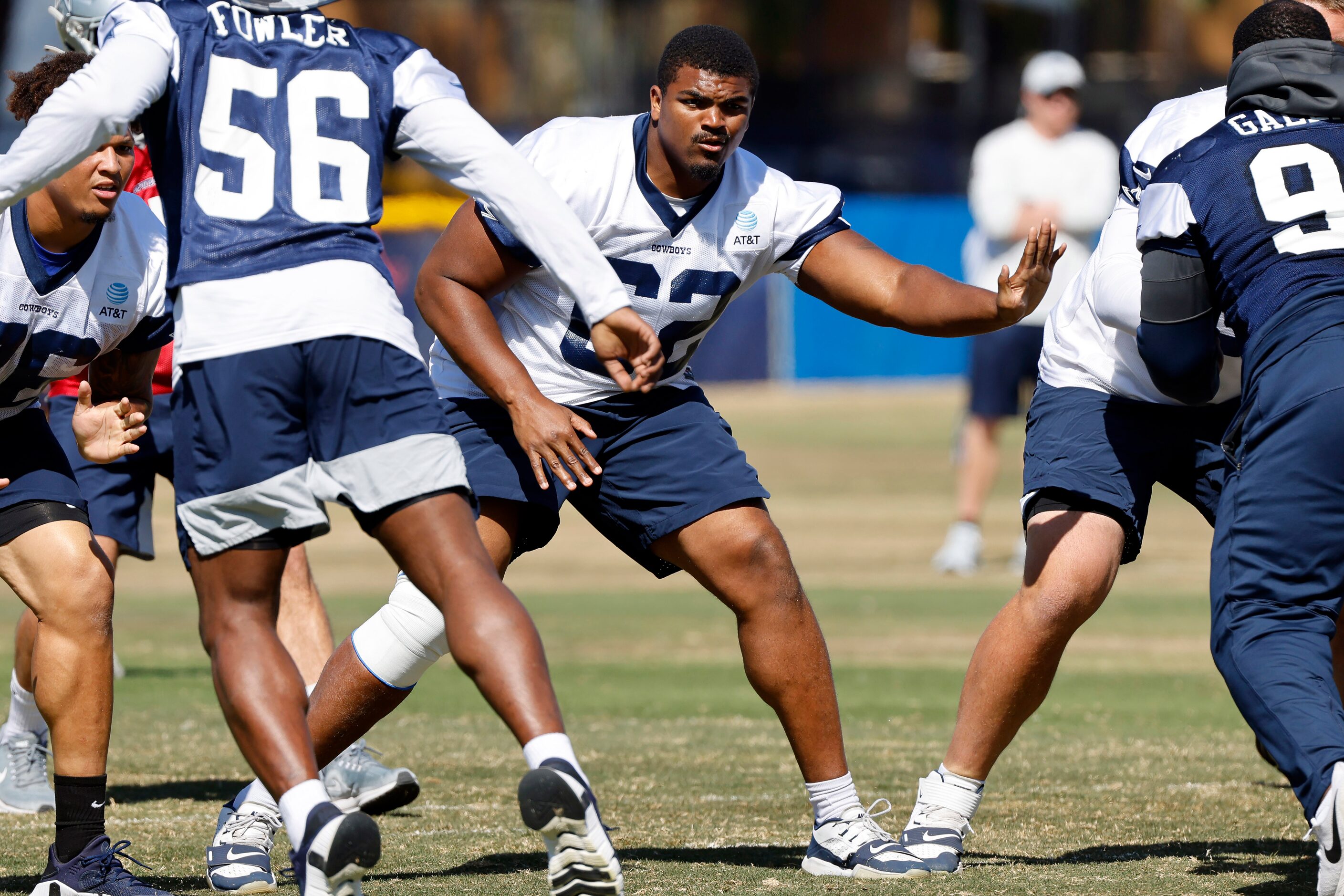 Dallas Cowboys center Braylon Jones (62) blocks during a walk thru on the final day of...