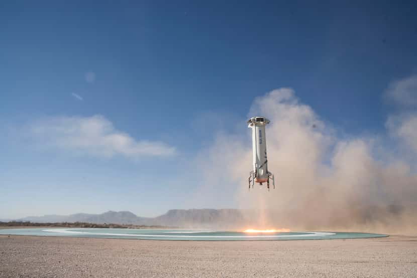 New Shepard Booster landing on the pad in West Texas after a successful Mission 7.