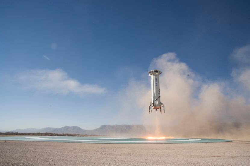 New Shepard Booster landing on the pad in West Texas after a successful Mission 7.