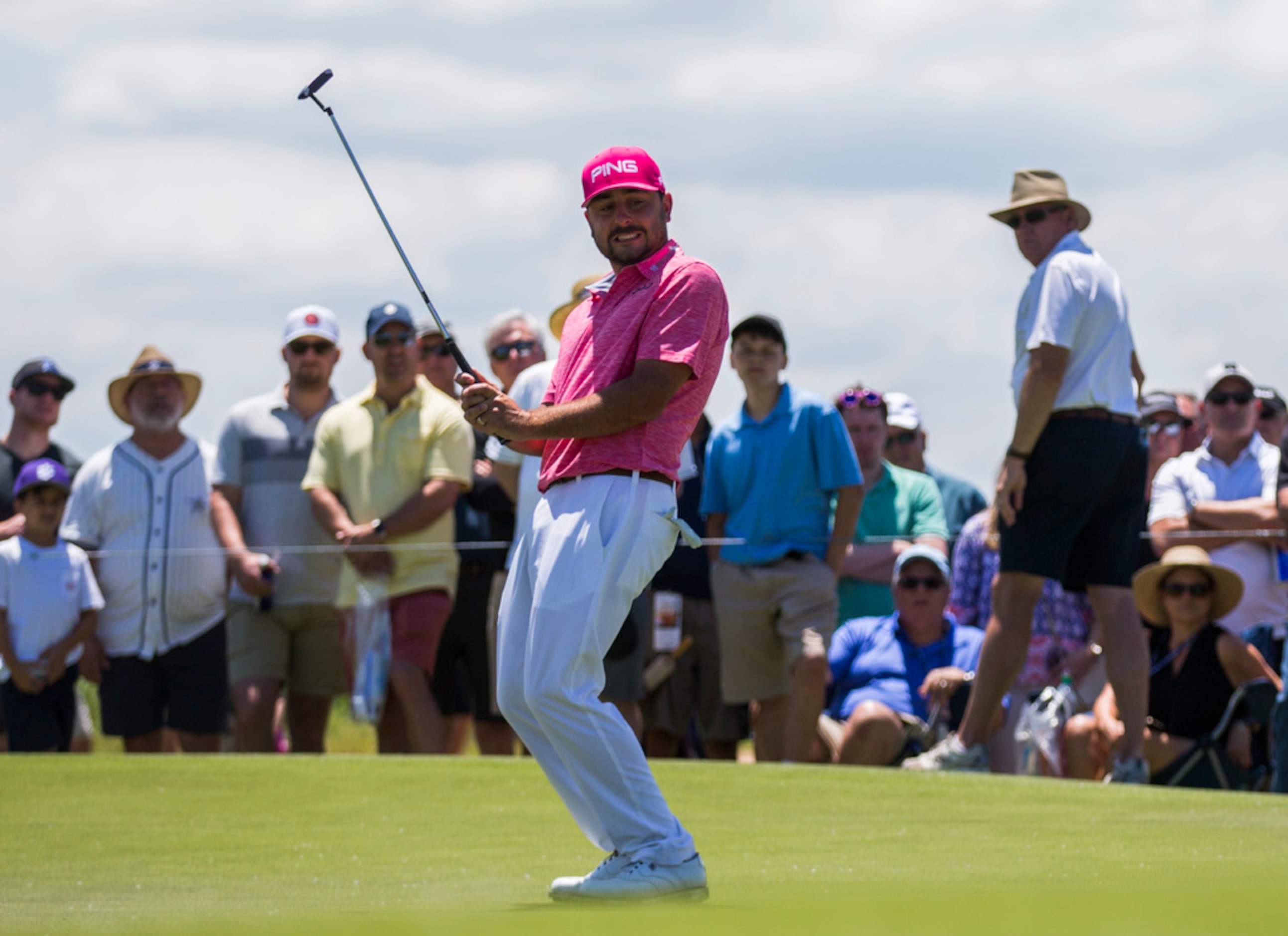 Stephan Jaeger reacts to a putt on the first green during round 4 of the AT&T Byron Nelson...