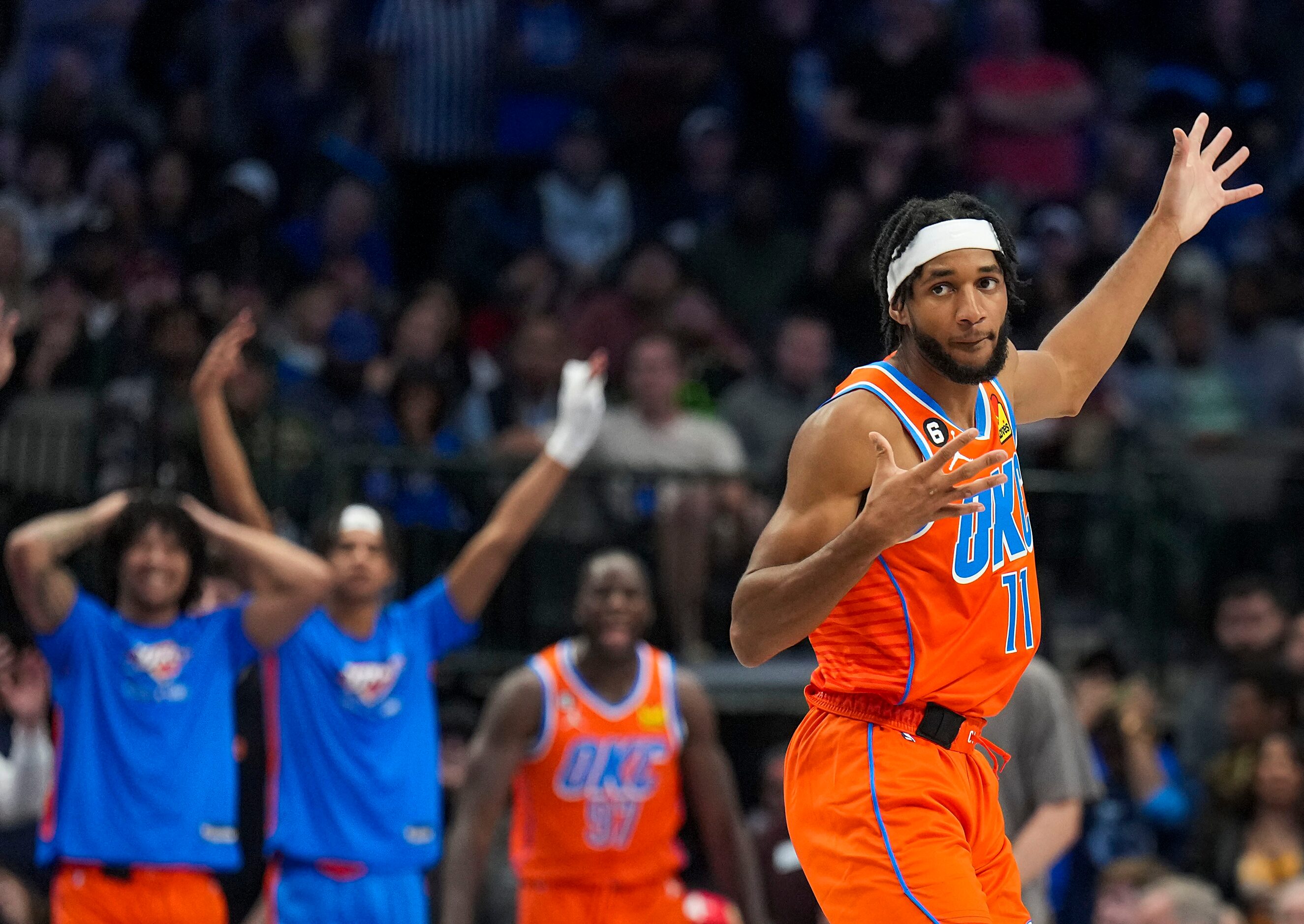 Oklahoma City Thunder guard Isaiah Joe (11) celebrates after hitting a 3-pointer during...