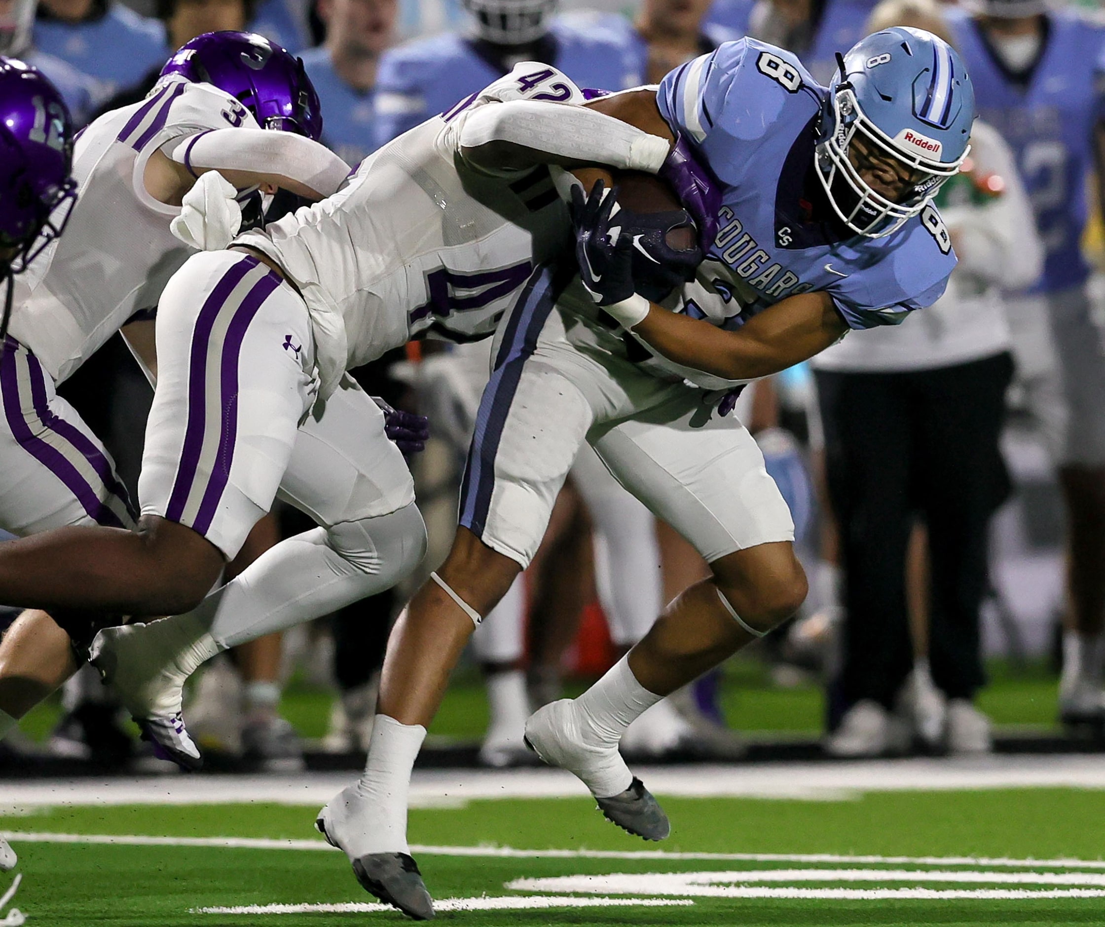 China Spring wide receiver Tre Hafford (8) comes up with a reception against Anna linebacker...