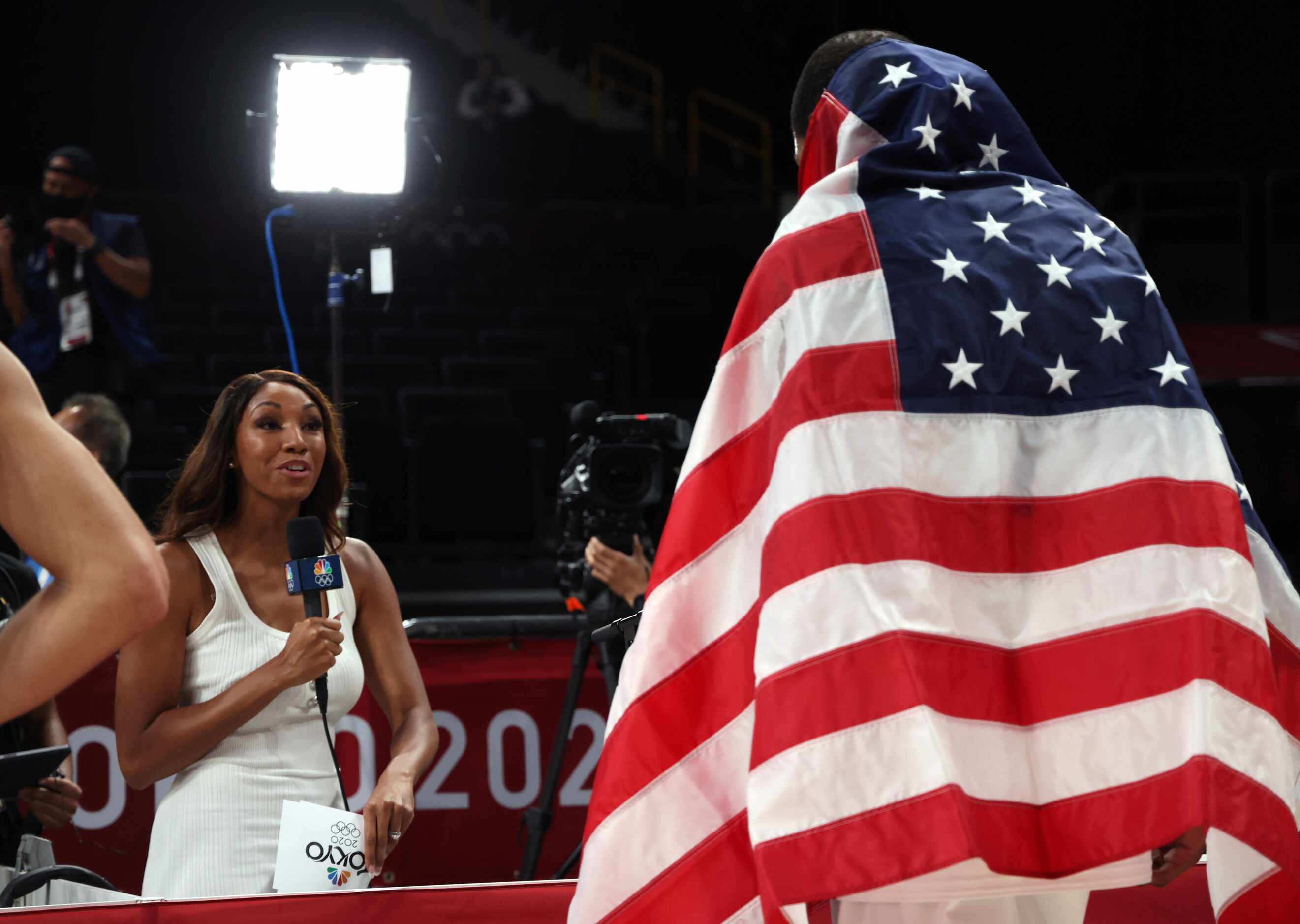 TV personality Maria Taylor interviews USA’s Kevin Durant (7) after USA defeated France...