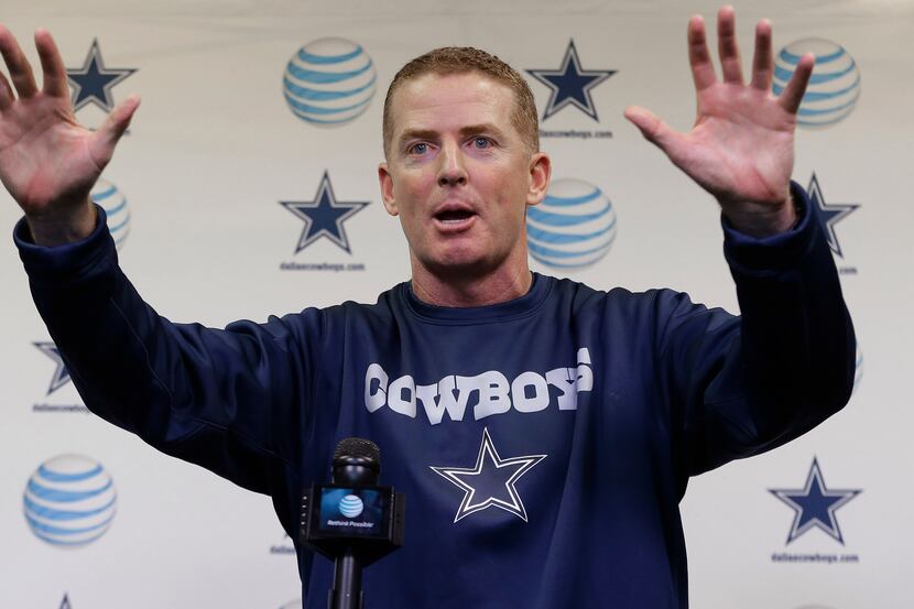 Dallas Cowboys coach Jason Garrett speaks to reporters during a media availability at the...