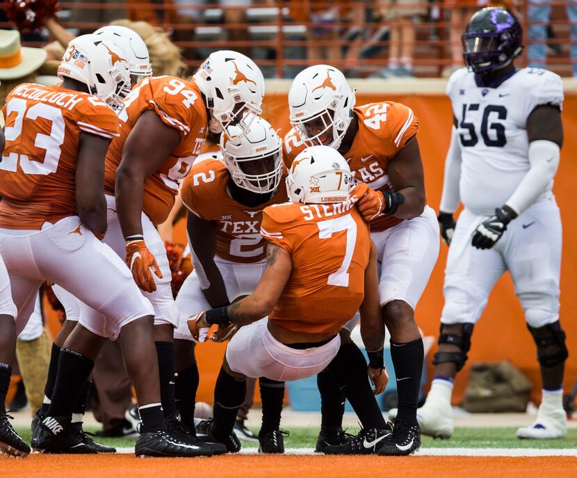 Texas Longhorns defensive back Caden Sterns (7) celebrates after an interception during the...