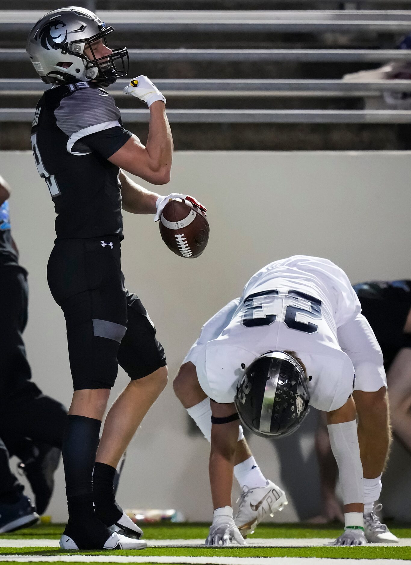 Denton Guyer wide receiver Grayson Obara (19) celebrates after scoring on a 44-yard...