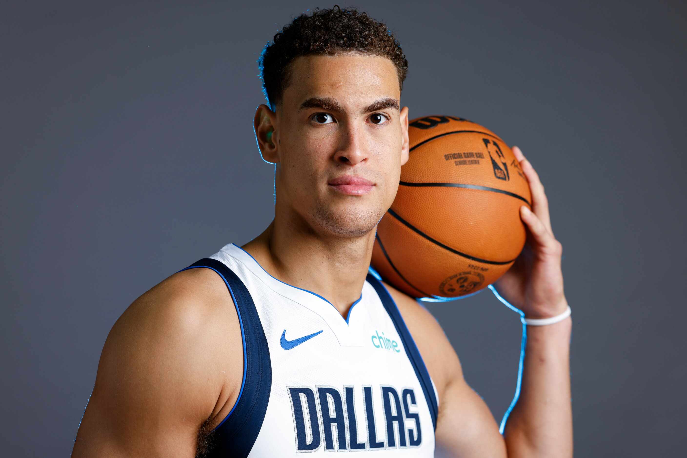 Dallas Mavericks’ Dwight Powell poses for a photo during the media day on Friday, Sept. 29,...