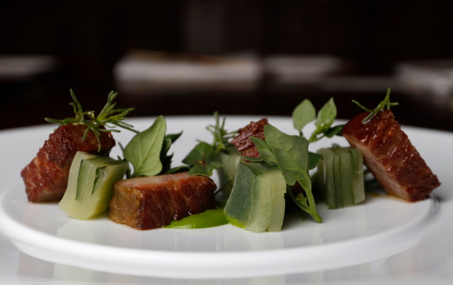 Gyutoro -- 72-hour short rib -- with green apple and farm greens at Uchi 