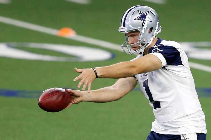 Dallas Cowboys punter Hunter Niswander (1) during practice at the Ford Center at The Star in...