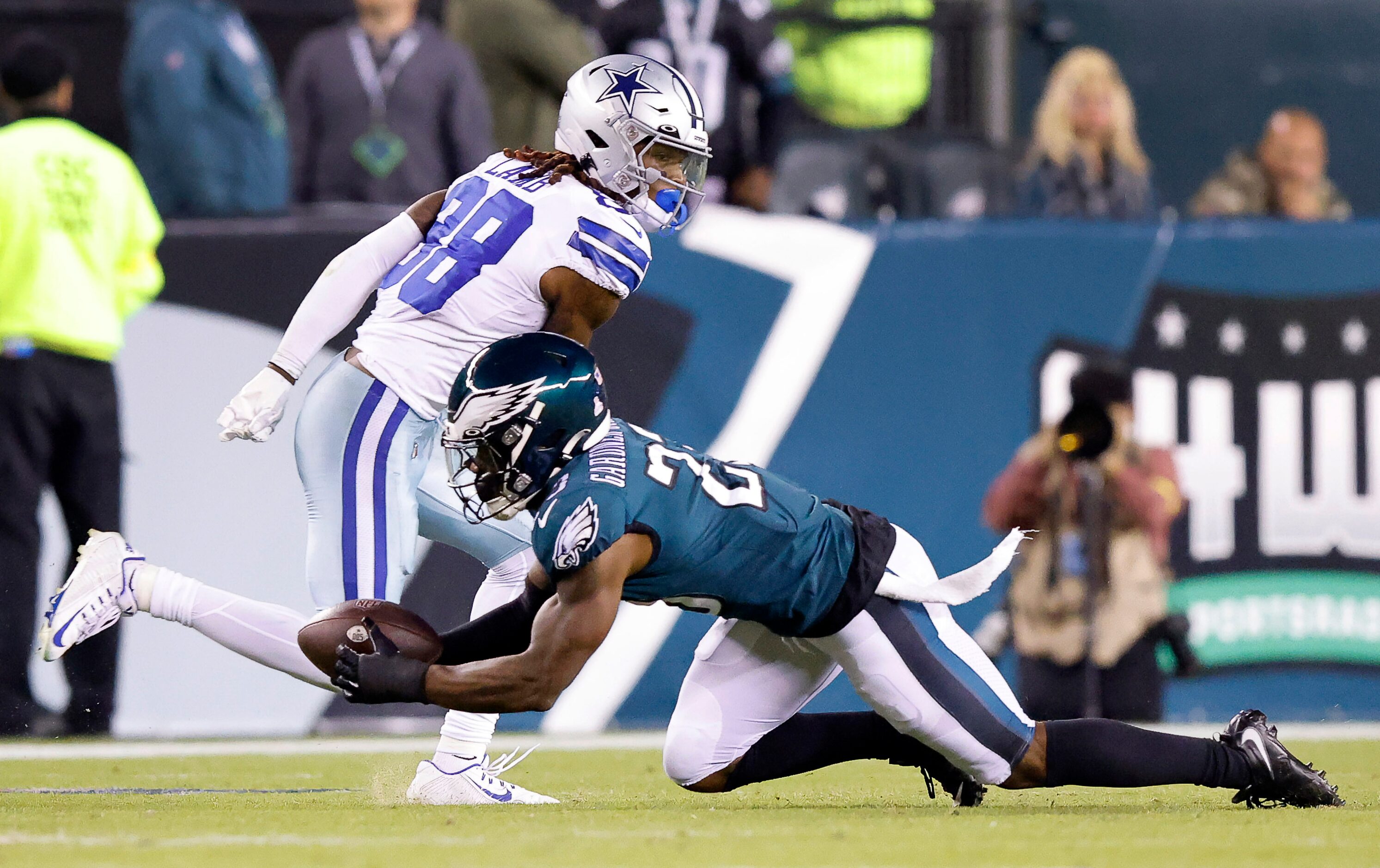 Philadelphia Eagles safety C.J. Gardner-Johnson (23) makes a fourth interception in front of...