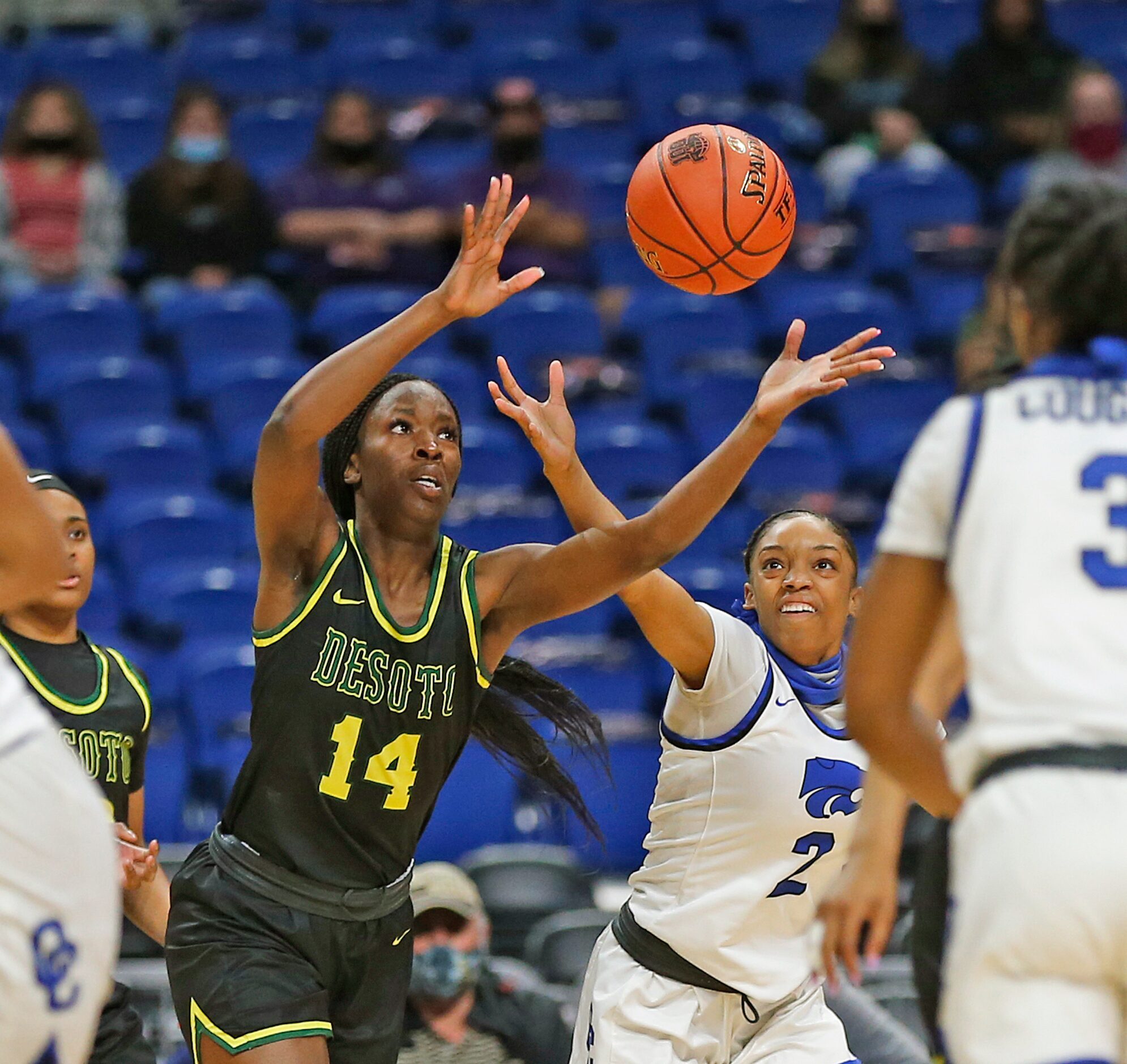 DeSoto Amina Muhammad #14 reaches for a rebound. DeSoto vs. Cypress Creek girls basketball...