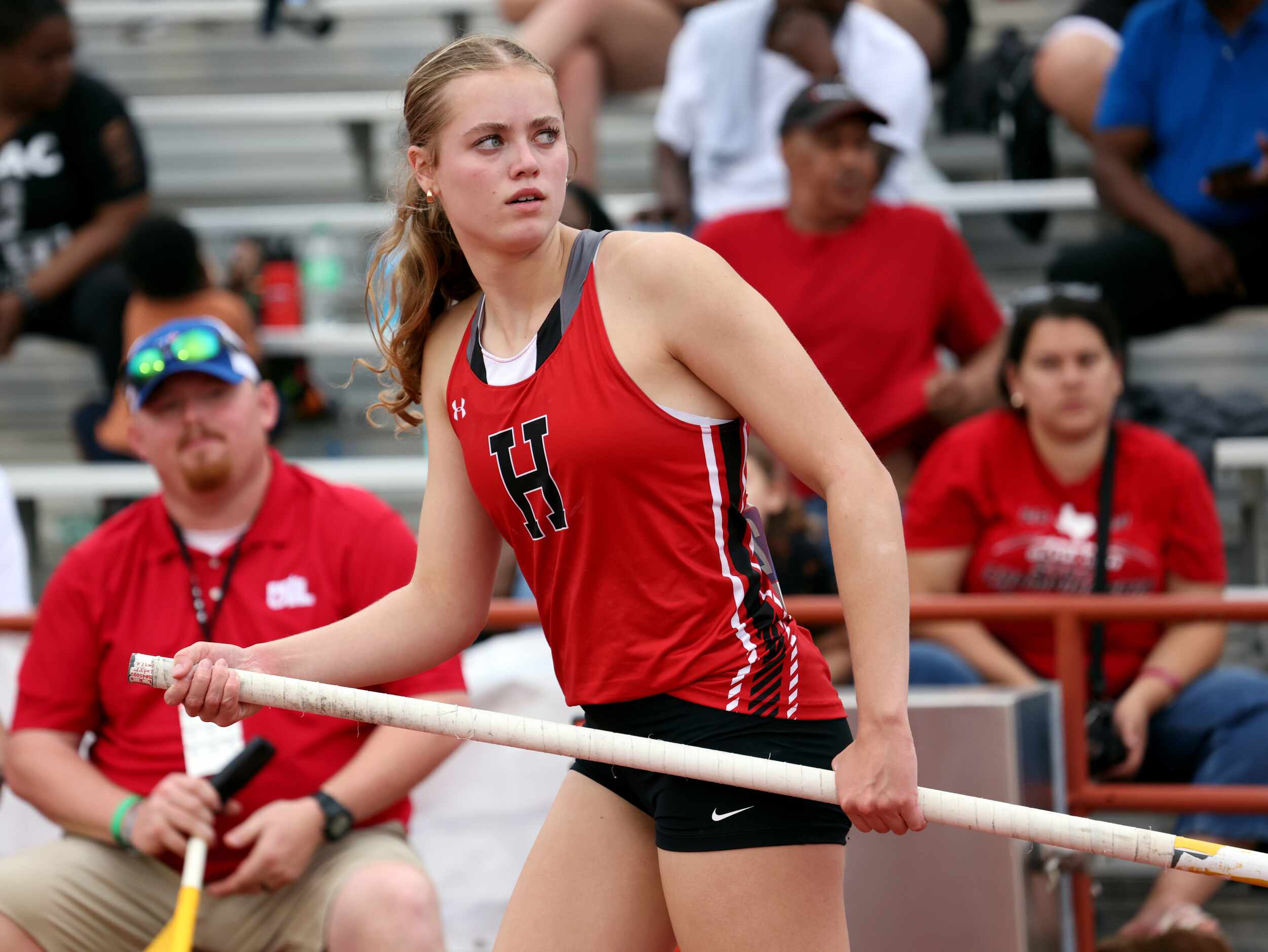 Rockwall-Heath's Brooklyn Nalley looks back at the bar before an attempt after it was raised...