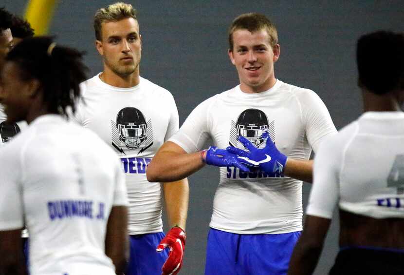 Austin Stogner, a tight end from Prestonwood Christian Academy, waits for a drill to start...