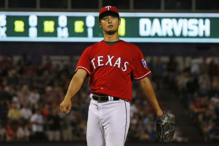 Texas pitcher Yu Darvish pitches in the ninth inning of his near- no-hitter during the...