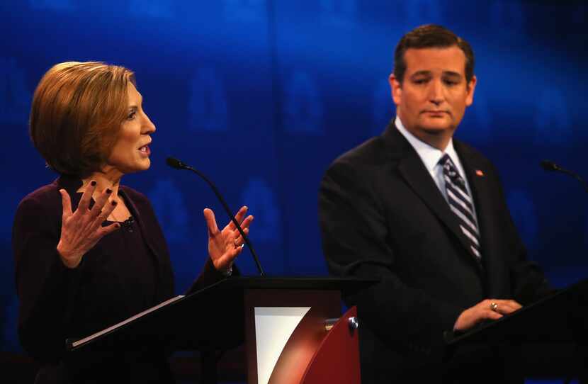 BOULDER, CO - OCTOBER 28:  Presidential candidate Carly Fiorina (L) speaks while Sen. Ted...