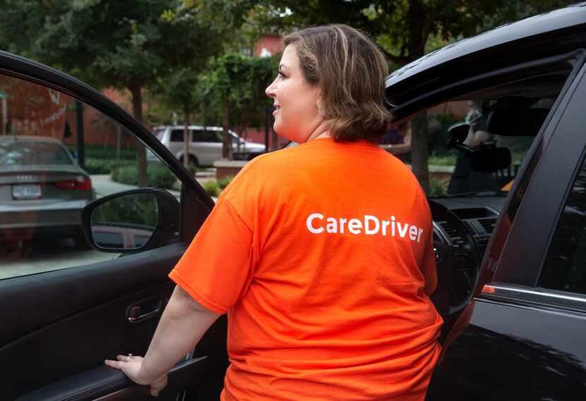Natalie Guzman, a care driver for HopSkipDrive in Keller, Texas, poses for a portrait with...