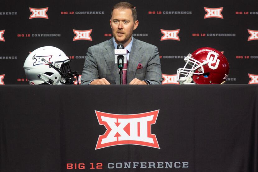 University of Oklahoma head football coach Lincoln Riley speaks during the Big 12 Conference...