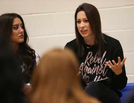 Randi Sundquist (right) talks to teenagers in Grand Prairie about how bullying affected her.
