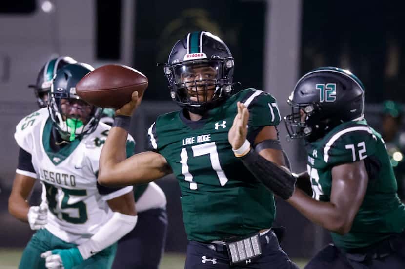 Mansfield Lake Ridge quarterback Kennen Miller (17) has thrown for 1,774 yards and 14...