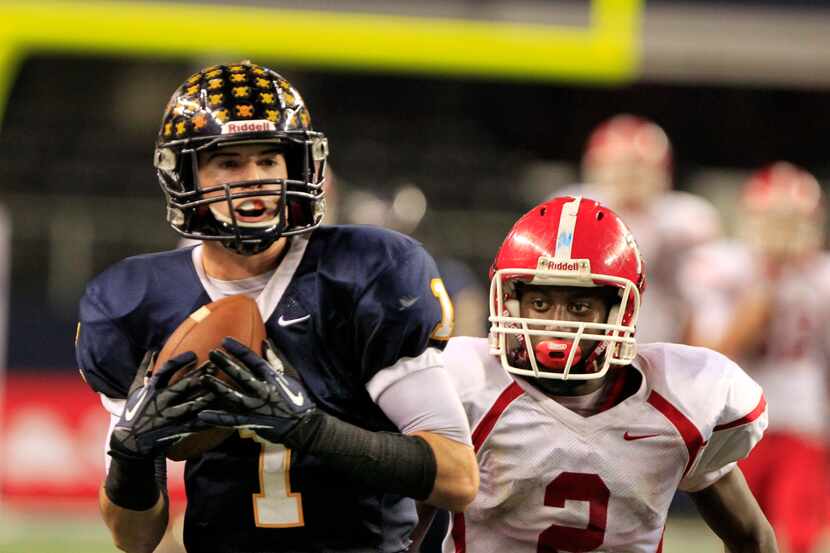 Stephenville wide receiver Jarrett Stidham (1) gathers in a long touchdown pass, as El Campo...