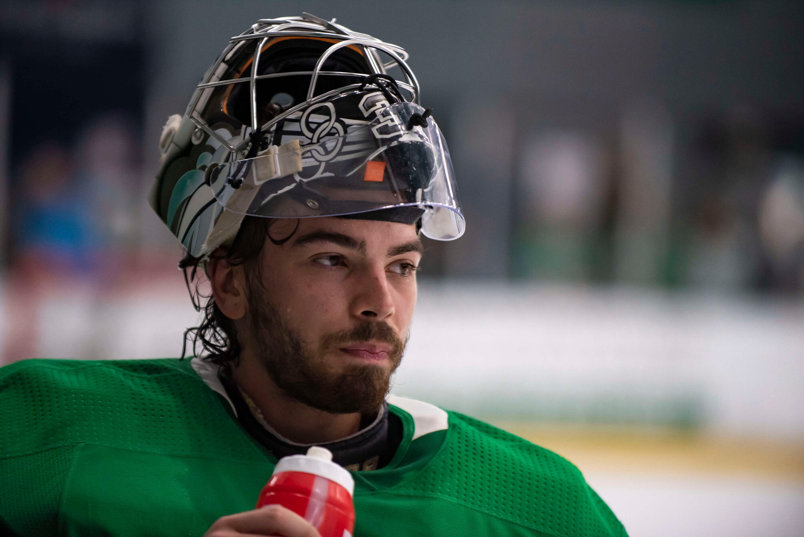 Goaltender Remi Poirier (50) takes a break during the 2022 Dallas Stars Development Camp at...