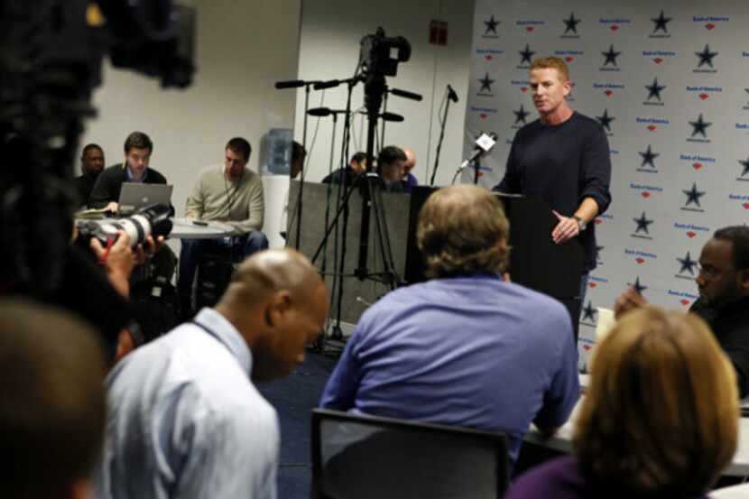 Jason Garrett talks to the media about taking over on an interim basis after the firing of...