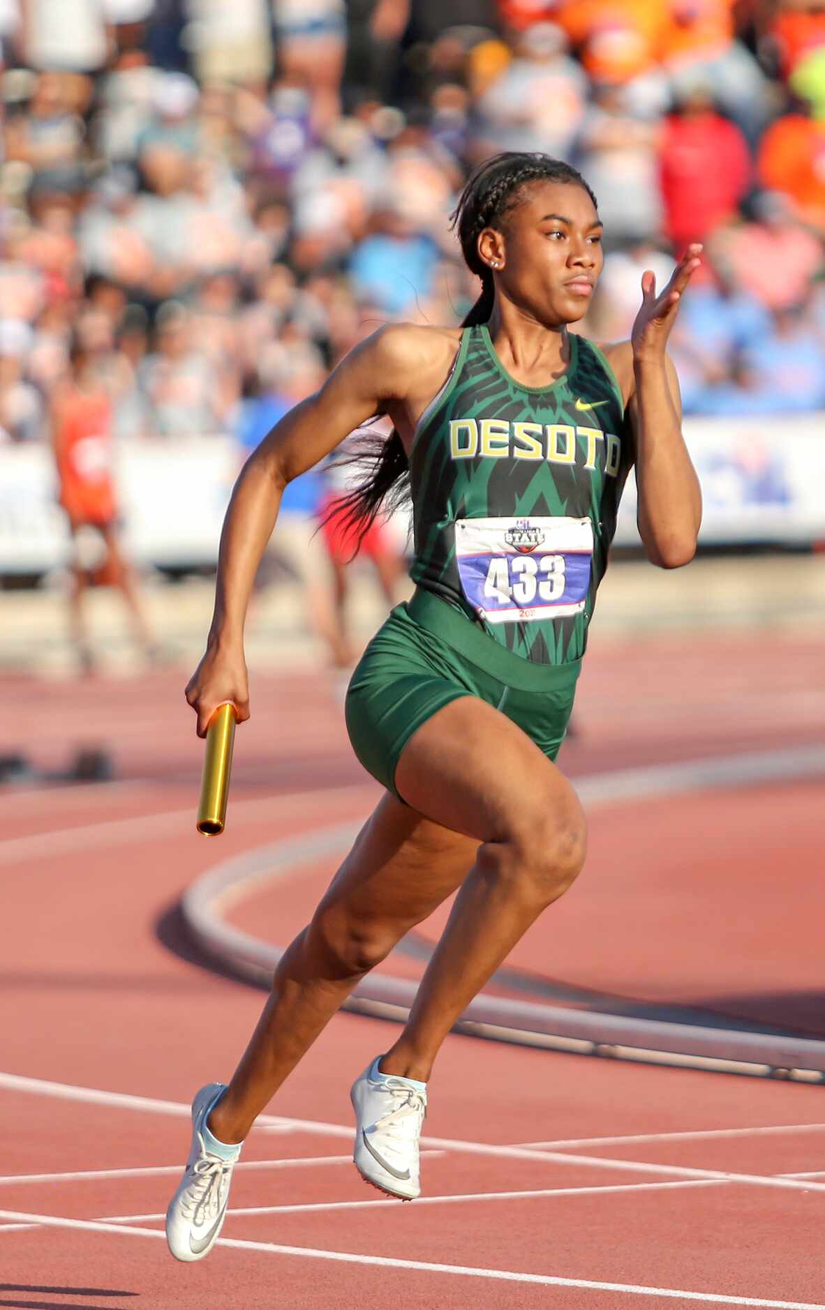 Amelliah Birdow of DeSoto competes in the 6A Girls 4x200 meter relay during the UIL state...