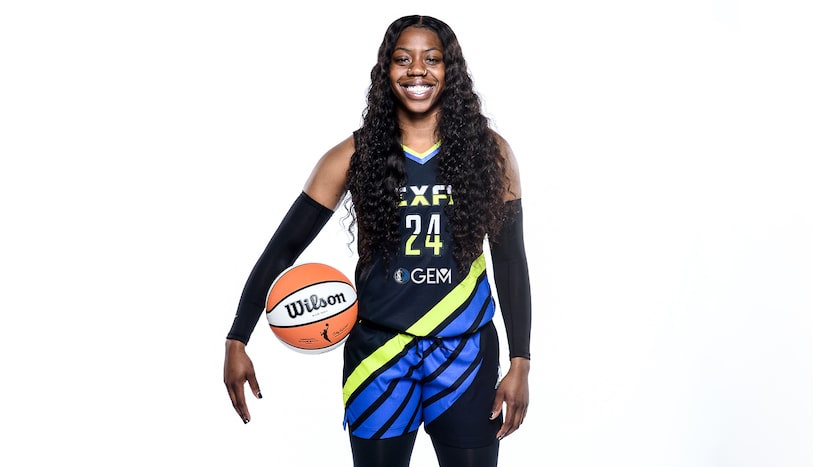 Dallas Wings guard Arike Ogunbowale wears the new Mavericks-sponsored jersey patch.