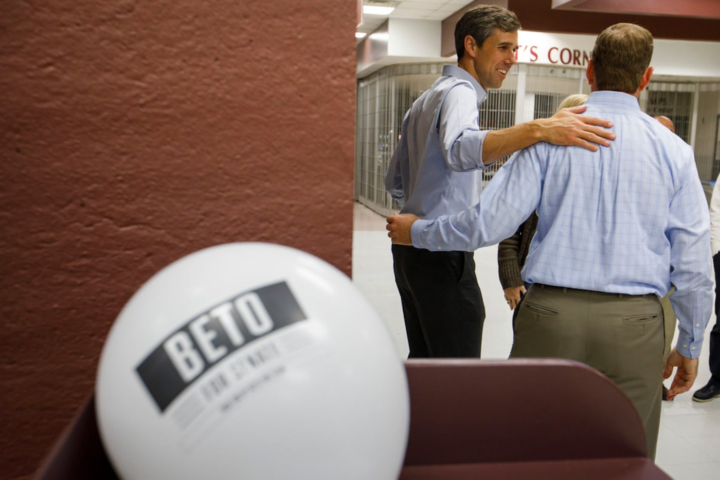 U.S. Rep. Beto O'Rourke greeted Adam Bell, a Democratic candidate for Congressional District...