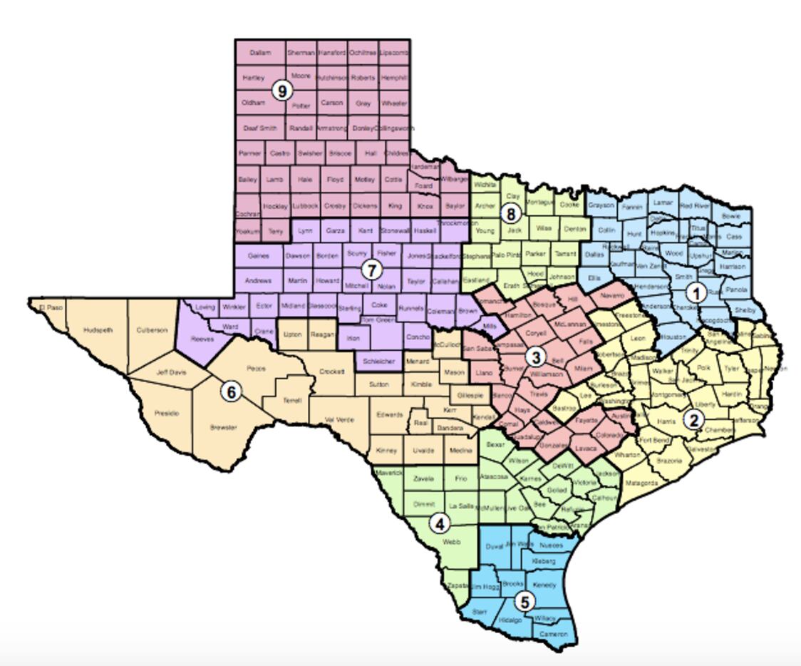 Map of the Administrative Judicial Regions for the state of Texas. (Photo from txourts.gov)