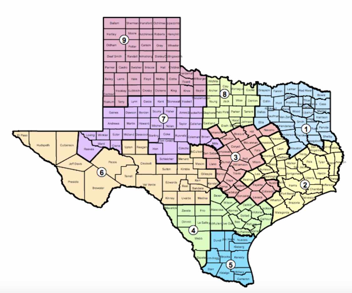 Map of the Administrative Judicial Regions for the state of Texas. (Photo from txourts.gov)